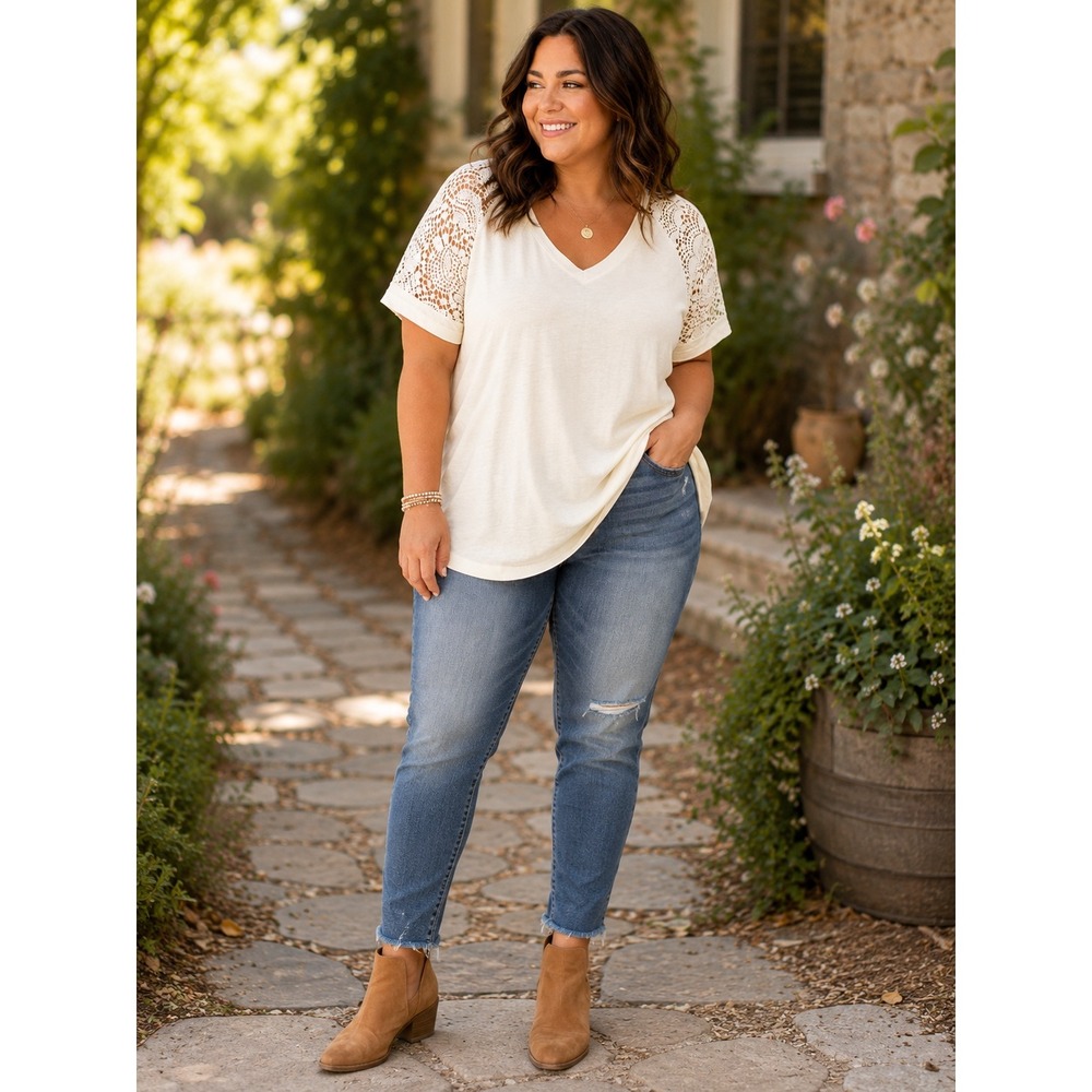 Women's 1X Ivory Crochet Lace Sleeve V Neck Cotton Boho Top Plus Size